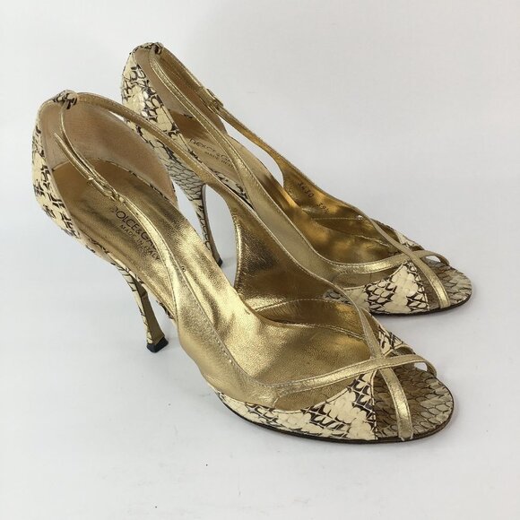 DOLCE & GABBANA Gold & Beige Snakeskin Peep Toe Leather Heels Size 39.5 - Picture 1 of 16